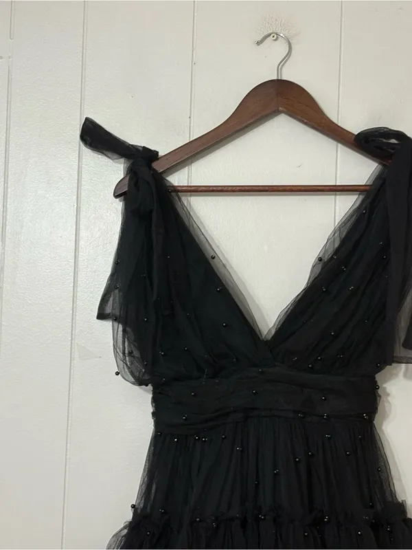 Lulus Tulle Proof Black Beaded Tie Shoulder Mini Dress NWT Size Small Party - Image 4