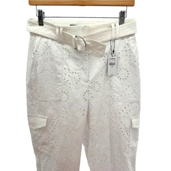 Express Super High Waisted Eyelet Belted Cargo Joggers 2 White Utility Pants NWT - Image 7