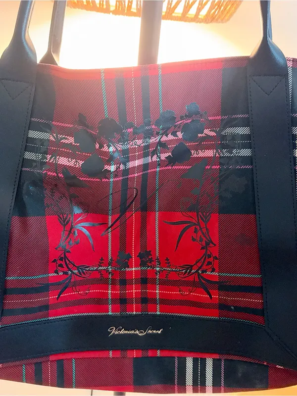 Victoria's Secret Red and Black Plaid Tote with Floral Overlay - Image 3