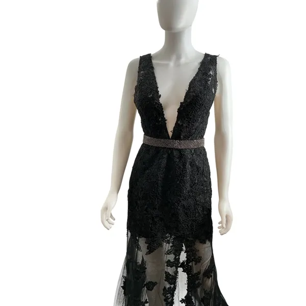 Sherri Hill Black Lace Plunging V-Neck Beaded Waist Formal Gown Dress Size 4 - Image 15