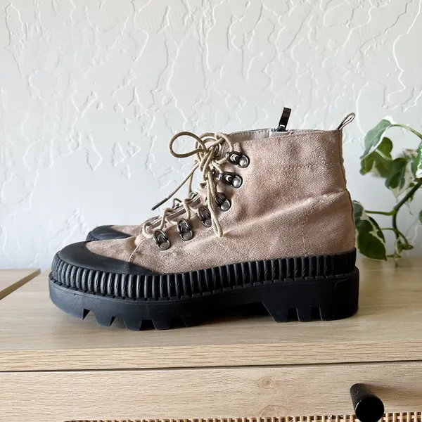 Chase‎ + Chloe | Chelsey Lace-Up Faux Suede Ankle Boot in Tan/Black - Image 2
