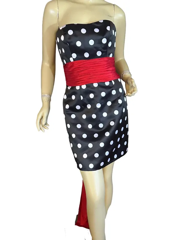 Sherri Hill Black W/White Polka Dots And Over-Sized Red Sash Mini Dress (6) - Image 6