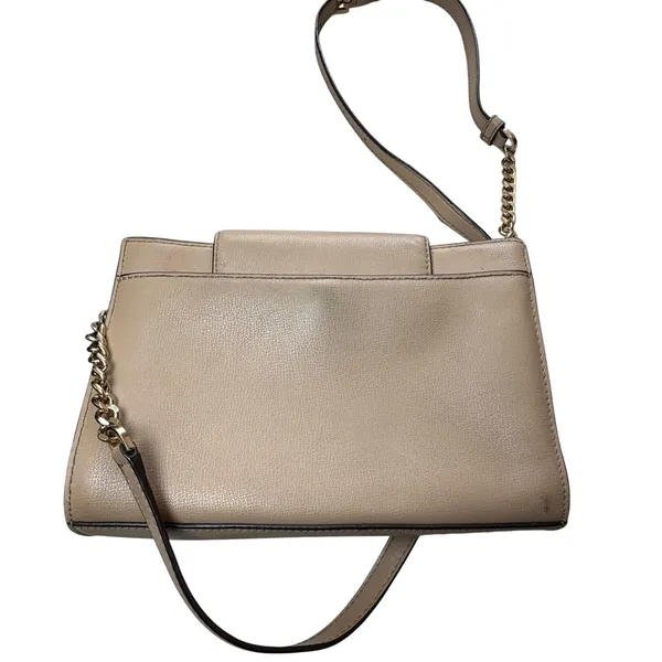 Michael Kors Beige Pebble Leather Crossbody Bag Gold MK Logo Chain Strap‎ - Image 5