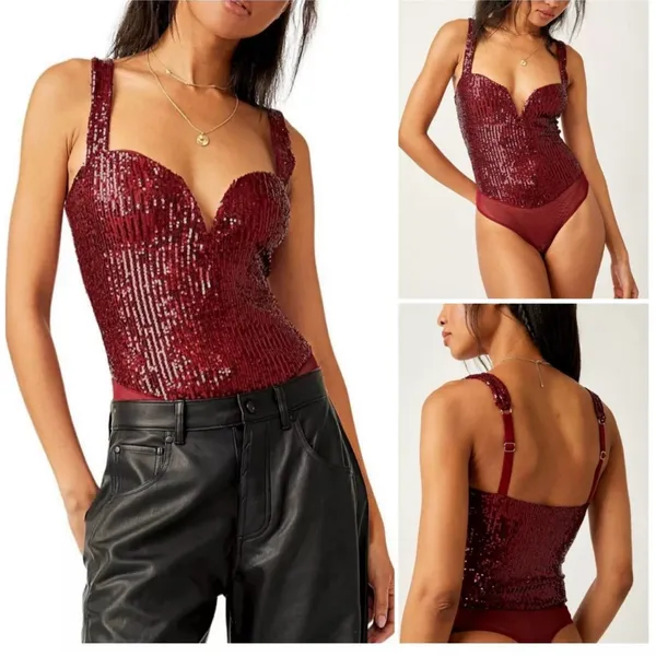 NWT Free People Red Sequin Sweetheart Bodysuit Party Going Out Top - Image 3