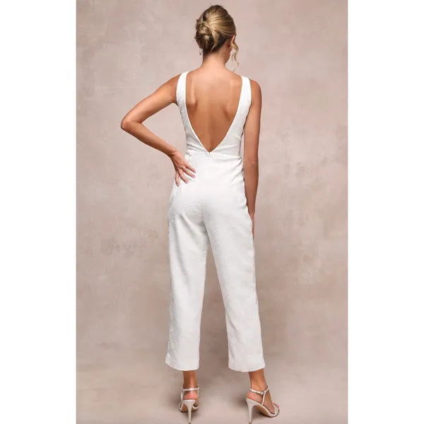 NEW Lulus Exceptional Vision White Jacquard Removable Bow Jumpsuit Bridal XL - Image 3