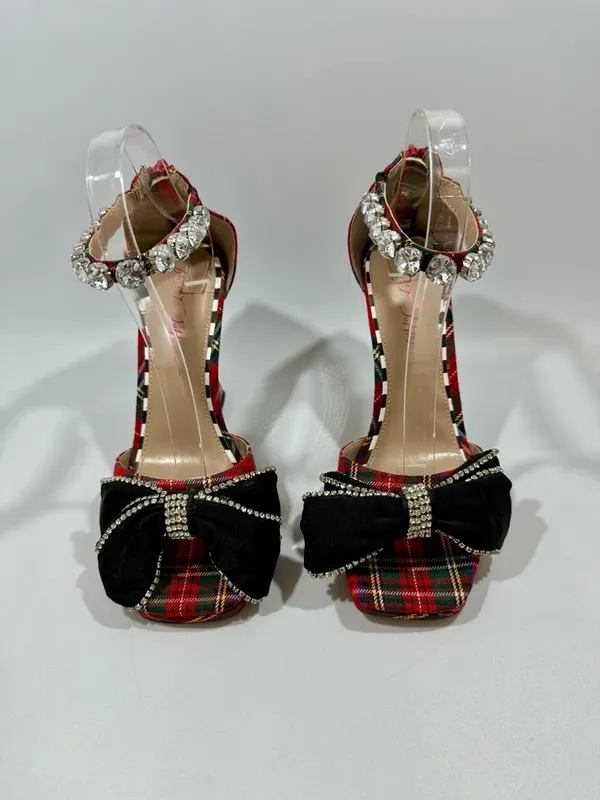 Betsey Johnson Guliana Red Plaid Black Bow Animal Print Heels Sz 8 Crystals Glam - Image 2