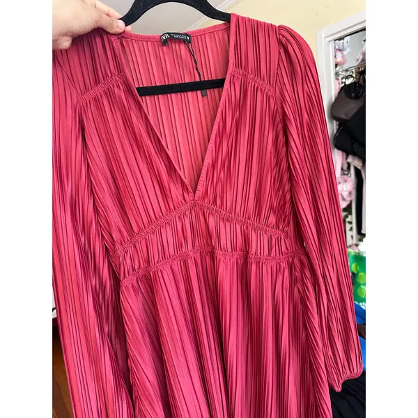 Zara Pleated Satin Dress Red Size Medium‎ 1131/850/600 Blogger Favorite - Image 7