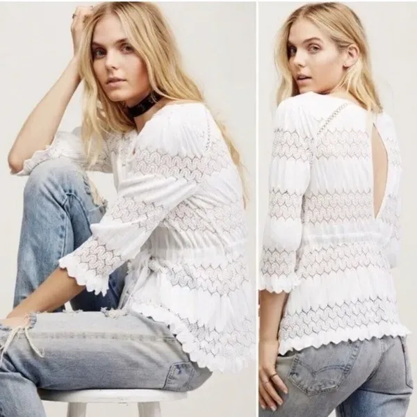 Free People Fire Island Blouse Crochet 3/4 Sleeve White Small Festival Boho Chic - Image 3