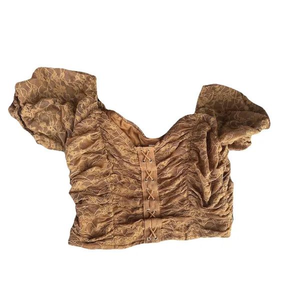 Meraki Brown Boho Lace Up Puff Sleeve Crop Peasant Top Sz L Festival Cottagecore - Image 7