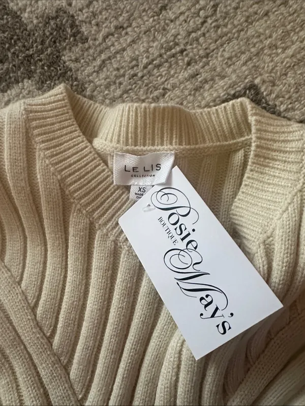 Cream Ribbed Knit Sweater - Ladies Long Sleeve Crewneck - Image 3