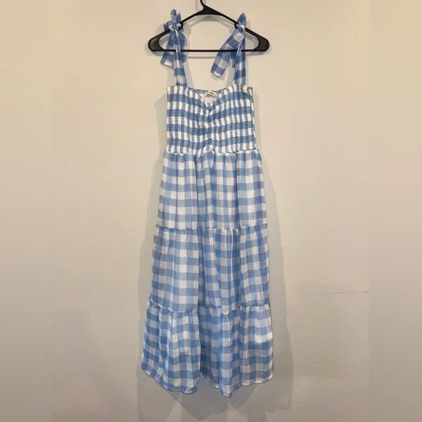 Cellecci Blue Gingham Smocked Tie Strap Tiered Midi Dress Size M - Image 2