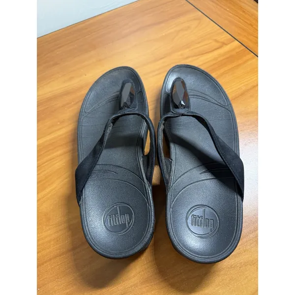 FitFlop Lunetta Jeweled Black Leather Thong Wedge Sandals Size 10 - Image 3