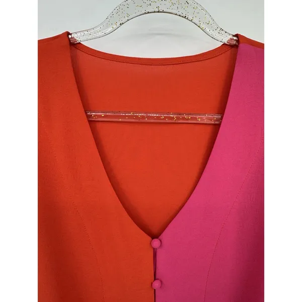 Hot Pink Orange Blouse V Neck Button Down Tie Knot Front Bell Sleeves Small Top - Image 5