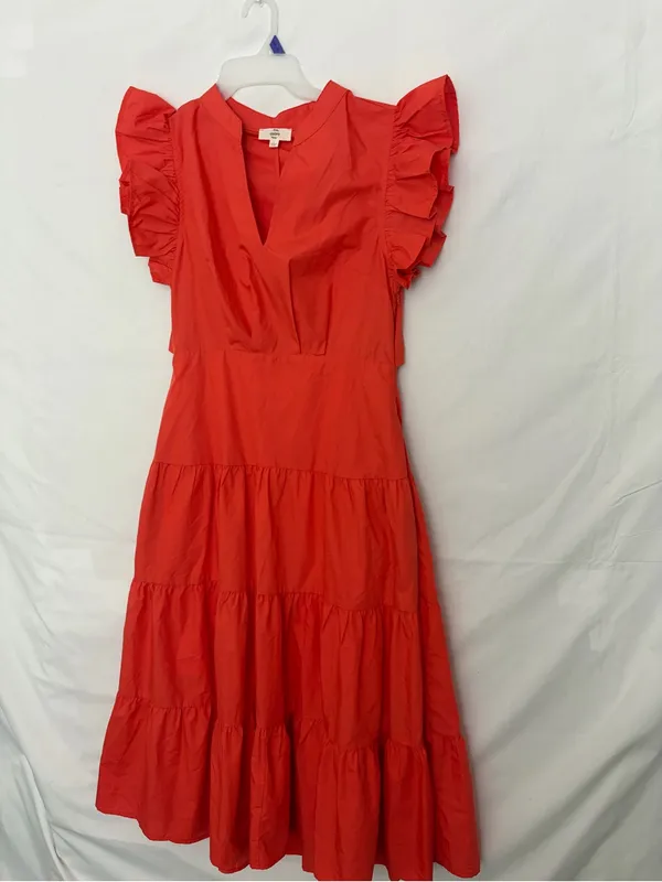 Entro Tiered Midi Dress Large Red Orange Ruffle Sleeve Back Cutout NWOT(A906) - Image 3