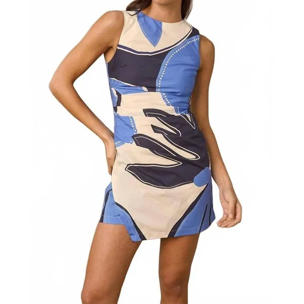 MON RENN Twilight Palms Mini Dress Blue‎ White Abstract Cutout Back Size S NWT - Image 13