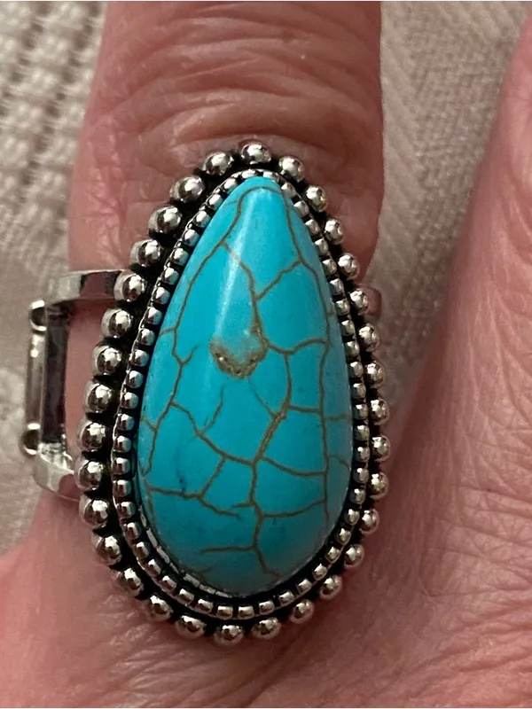 Finger Ring Faux Turquoise Teardrop Stone Silver Tone Elastic Band 7 8 Western - Image 4