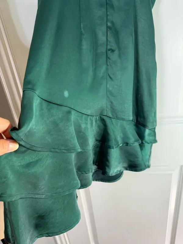 Lulus Emerald Green Satin Spaghetti Strap Layered Ruffle Hem Mini Dress XS - Image 5