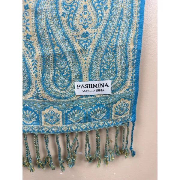 Pashmina Blue Paisley-Patterned Reversible Woven Wrap Fringed Shawl - Image 9