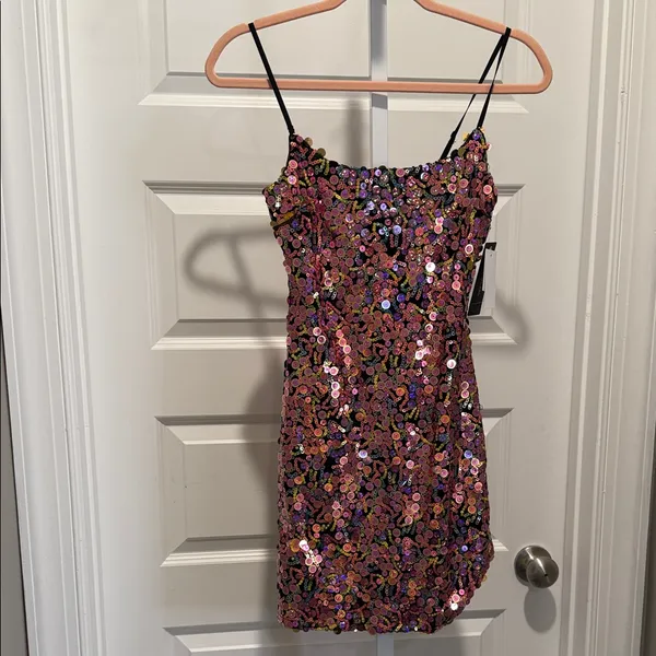 NWT City Studio Sequin‎ Spaghetti Strap Dress Size 1/2 Pink - Image 3