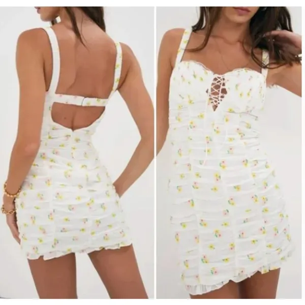 For Love & Lemons CELIA SHIRRED FLORAL EMBROIDERED LACE OPEN-BACK MINI DRESS XS‎ - Image 2