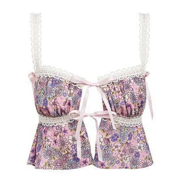 FOR LOVE & LEMONS Willow Multi Floral Bow Tie Ribbon Bow Coquette Top Purple XL - Image 6