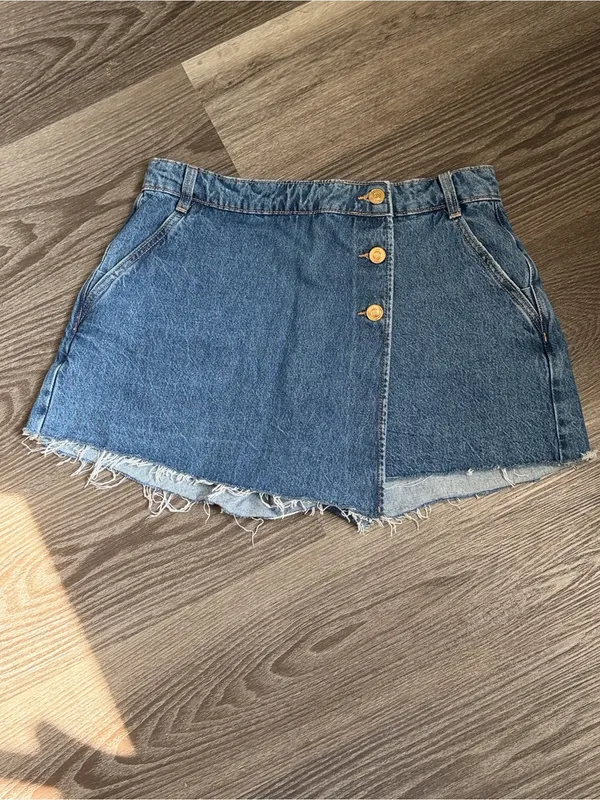 Zara Blue Denim Wrap-Front Fringe Skort Shorts - Image 3
