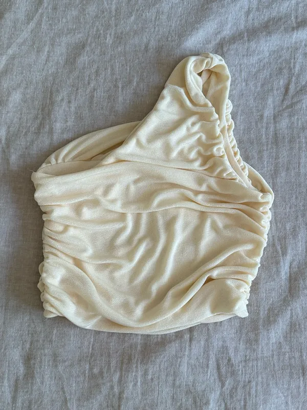 Cream One Shoulder Ruched Going Out Top Medium - Image 3