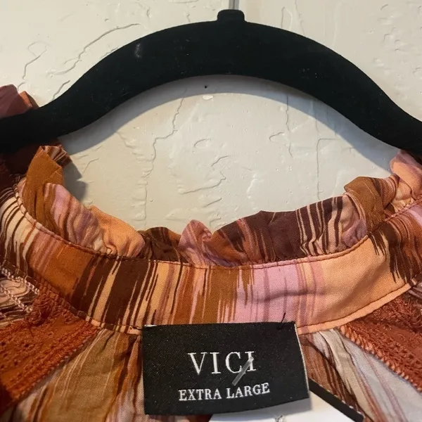 VICI Mini Dress Boho Burnt Orange Ikat Design‎ Flowy Short Sleeve - Image 3