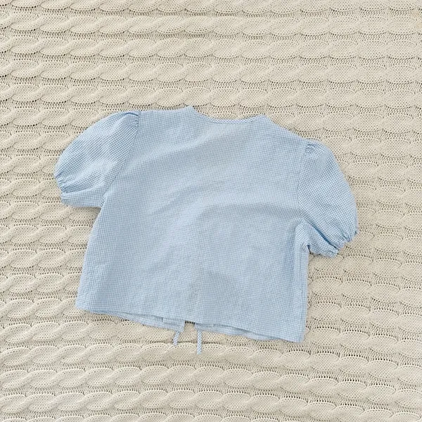 Sky Blue Gingham Puff Sleeve Tie-Front Blouse - Image 4