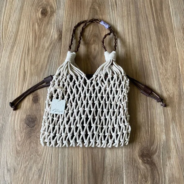 Free People Ivory Macrame Crochet Bucket Bag Boho Drawstring Tote NWT - Image 2