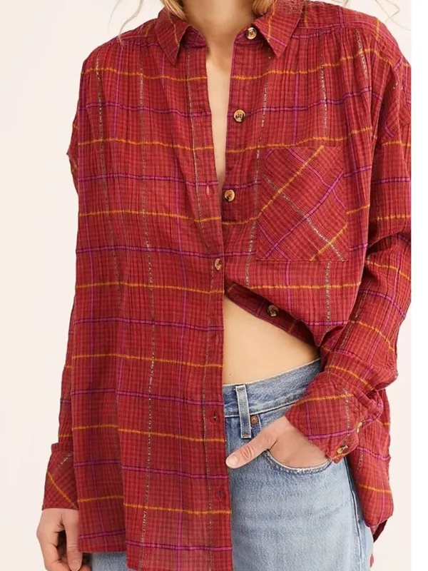 Free People Break My Stride Plaid Gauze Button Up Oversized Boho Festival XS - Image 6