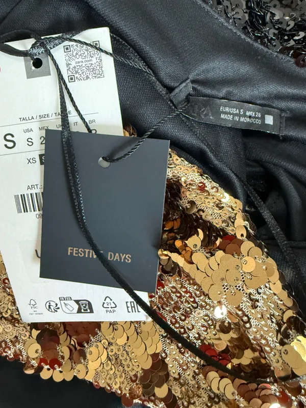 ZARA Gold and Black Sequin Halter Top Size Small Glam Festival Metallic - Image 12