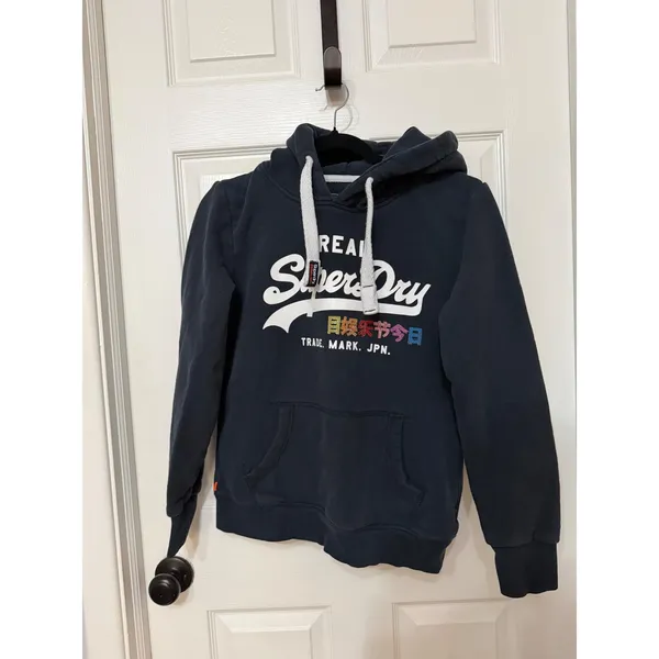 Superdry Womens Real Superdry Trade Mark JPN Logo Hoodie Navy Blue Rhinestone M - Image 3