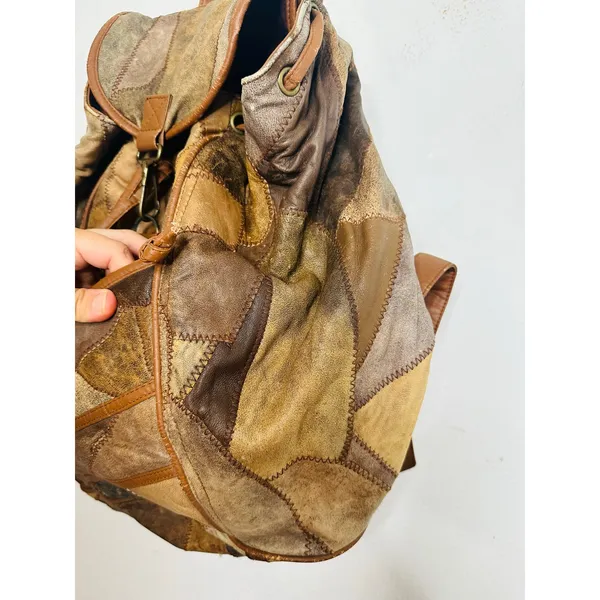 Vintage 1980s/90s Brown Leather Patchwork Clip Front Drawstring Backpack Bag - Image 4