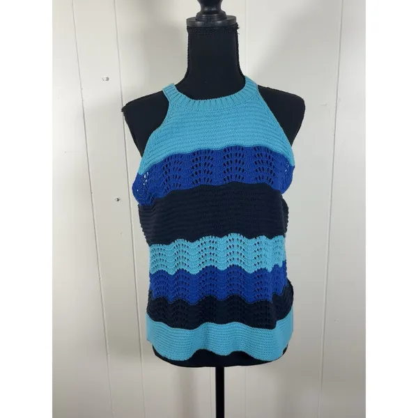 Anthropologie Jenette Blue Crochet High Neck Halter Top Sweater Knit Tank Med - Image 2