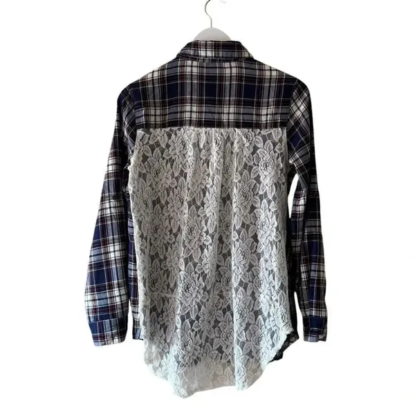 Altar’d State Shirt Button Front Blue Plaid Flannel Mixed Media Lace SZ L #2315 - Image 5