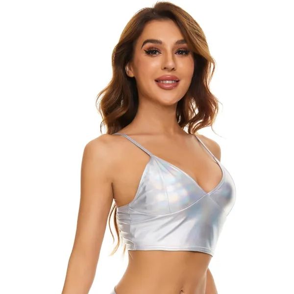 NWT Metallic Silver Shiny V-Neck Crop‎ Top Festival Rave Dancewear Small - Image 2