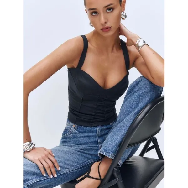Reformation Gaia Linen Corset Tank Top NEW Black - Image 2
