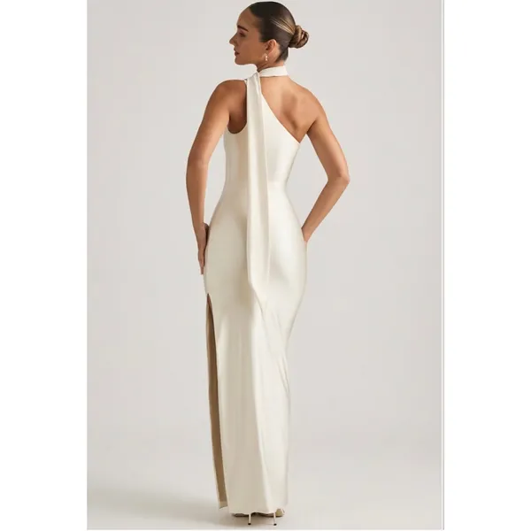 Oh Polly Sheril Asymmetric Scarf-Detail Maxi Dress in Ivory Size 4 New - Image 4