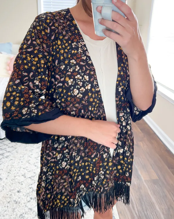 Maurice's Black Floral & Black Fringe Short Sleeve Kimono - Image 3