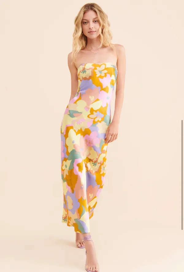 ASTR The Label Annabeth Satin Strapless Midi Dress Lime Rust Floral - Image 2