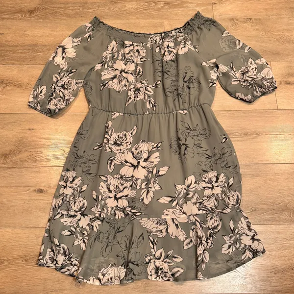 Maurices Floral Off the Shoulder Mini Dress XL Sage‎ Green 3/4 Sleeve Ruffle Hem - Image 2