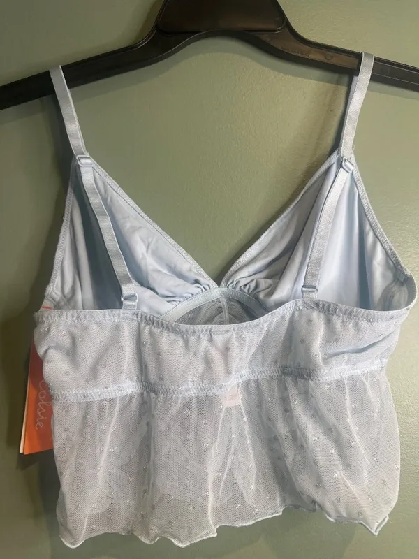 Colsie Blue Swiss Dot Mesh Ruched Crop Cami Top NWT Medium Coquette Cottage - Image 6