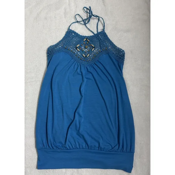 Wet Seal Crochet Halter Top Blue Beaded Boho Y2K Festival Tank Coquette Large - Image 2