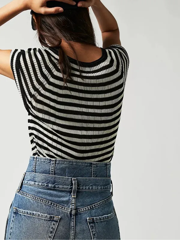 FREE PEOPLE Slinky Baby Tee Black White Striped - Size Large - Image 6