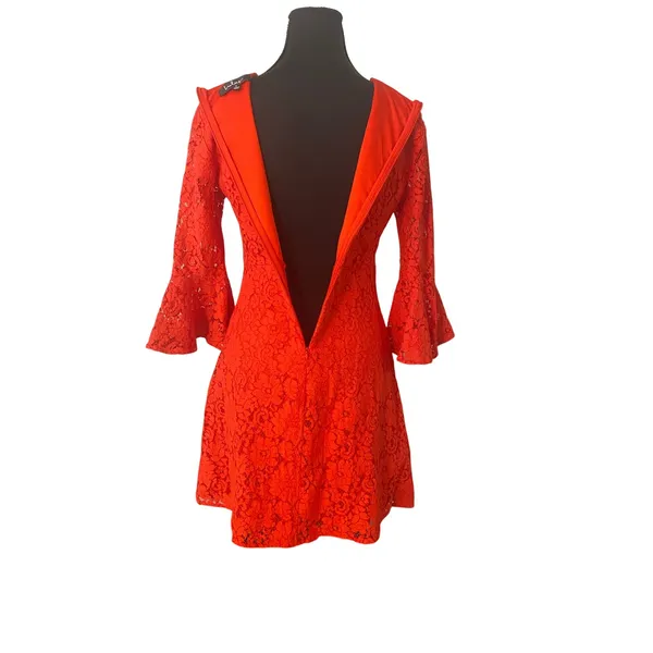 Lulus Favorite Flair Red Lace Bell Sleeve Dress Fit Flare Small Date Night Guest - Image 4