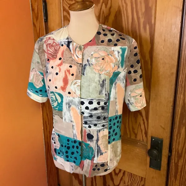 Vtg 80s patchwork print blouse Size L - Image 11
