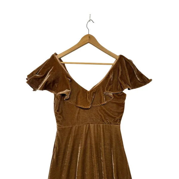 Line Dot Brown Velvet Ruffle Midi‎ Dress Winter Feminine Cocktail Holiday S - Image 3