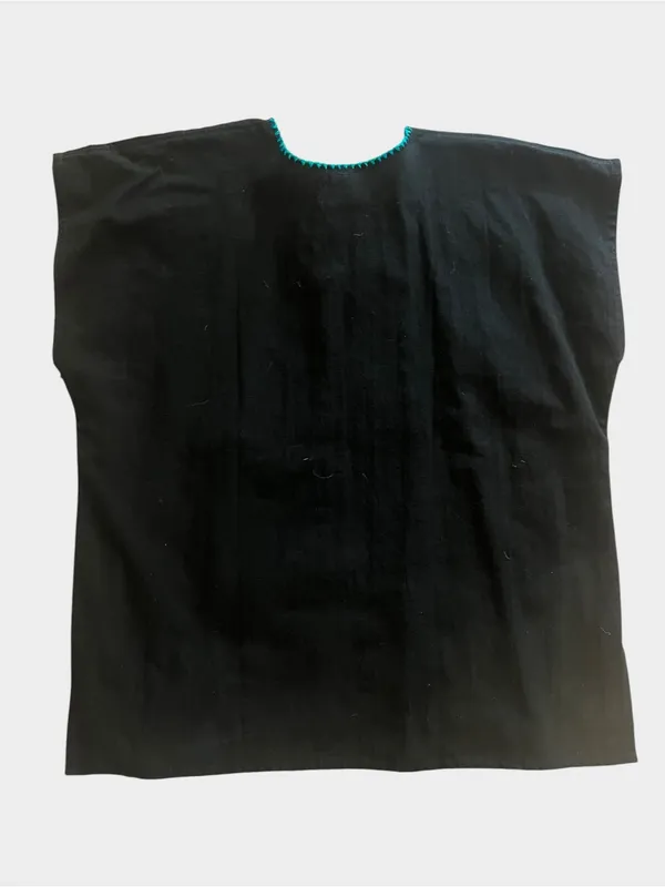 Mexican Embroidered Floral Black Huipil Blouse Folk Art Top Large - Image 5