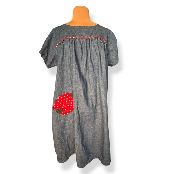 Vintage Ladybug Polka Dot Chambray Denim Dress Midi Cottagecore Medium Whimsical - Image 10
